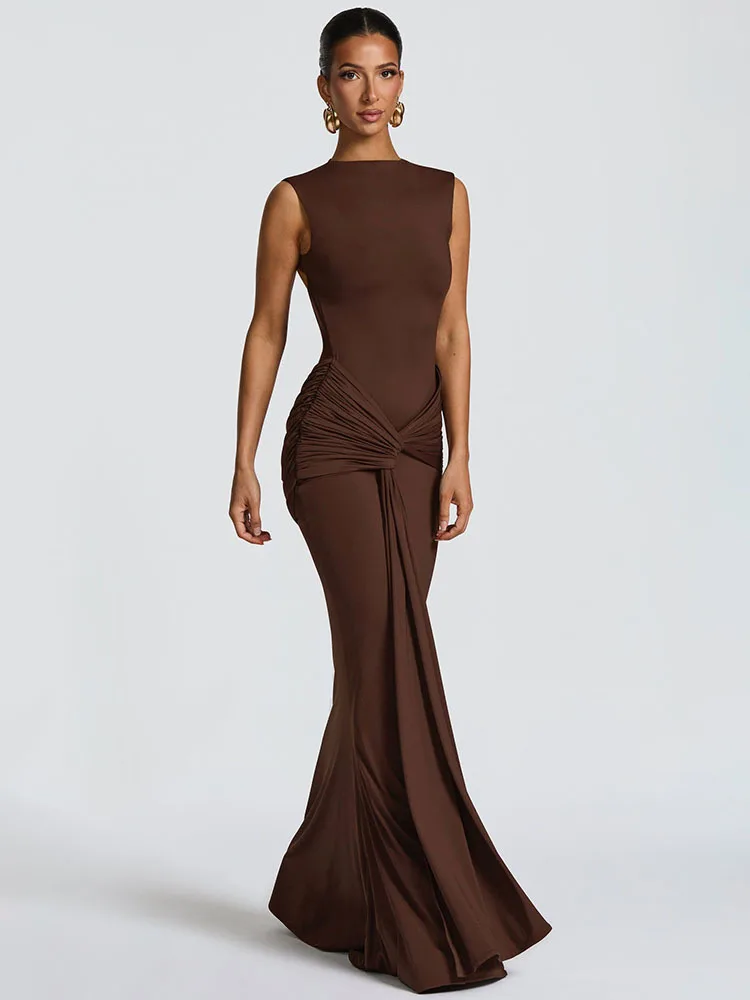 Robe Silk Women - Backless Draped Ruched Sexy Maxi Dress